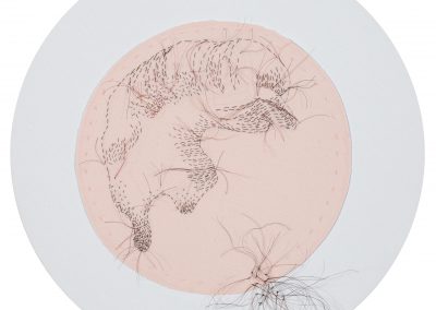 Ancestry of Anger detail of Simone de Beauvoir, 2016, hand-sewn human hair on fabric, each 8” diameter